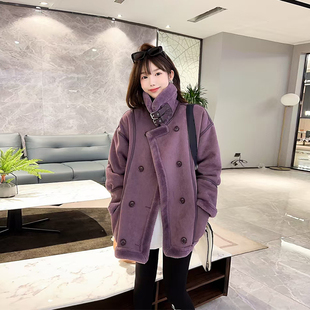 款 胖妹妹领扣带长袖 冬季 女装 欧洲站洋气百搭上衣 皮毛一体外套大码