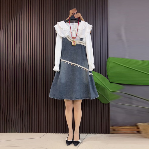 单侧吊带牛仔裙子娃娃领长袖衬衫