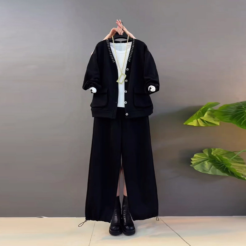 大码女装亮钻V领长袖上衣裤脚抽绳长裤胖妹妹韩版减龄休闲两件套,女装/女士精品,大码套装,淘宝优惠券,粉丝福利购,淘宝优惠卷