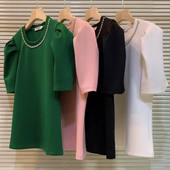 胖mm显瘦圆领钻泡泡袖 大码 上衣 新款 t恤宽松中长款 女装 2022年夏季