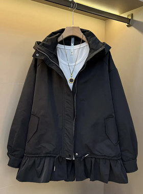 加肥胖MM连帽拼荷叶边底摆长袖外套2026新款百搭减龄大码女装上衣