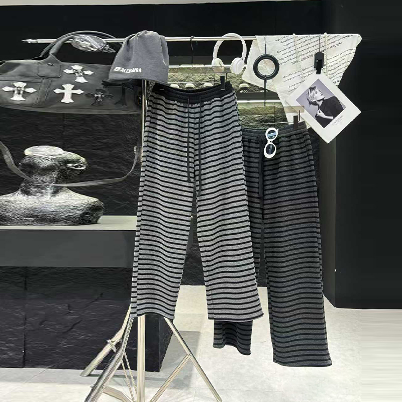 松紧腰系带条纹阔腿加绒裤子