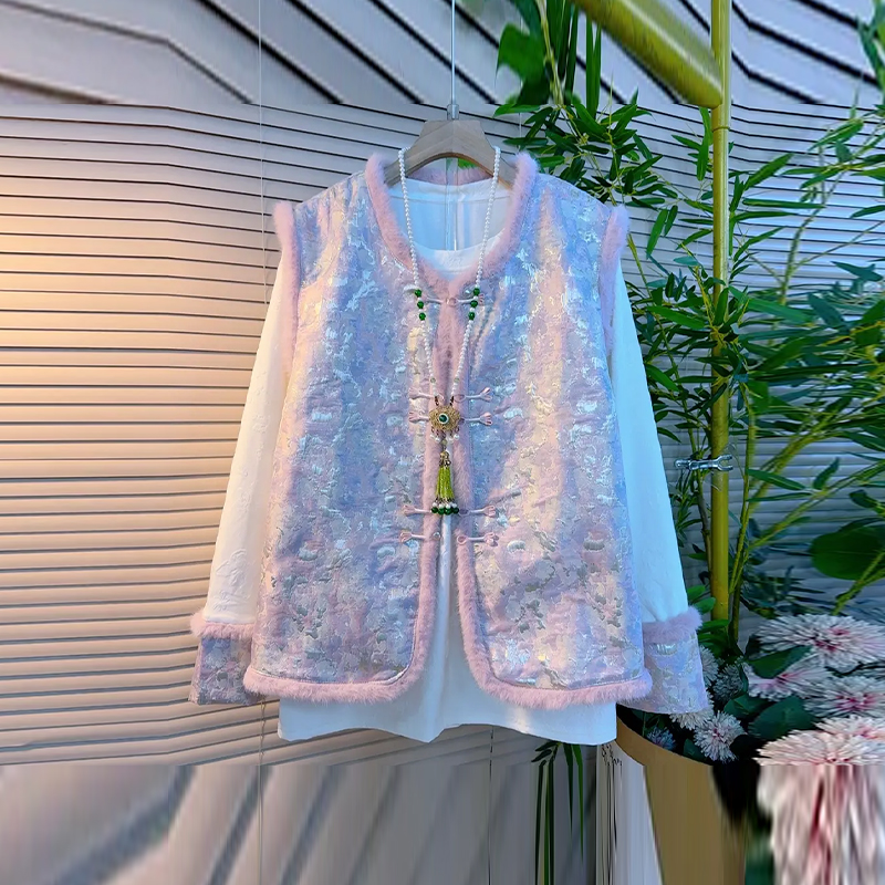 花朵袖口打底衫盘扣毛边花纹马甲