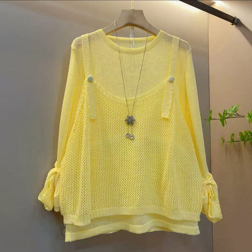 胖妹妹拼接针织吊带假两件上衣