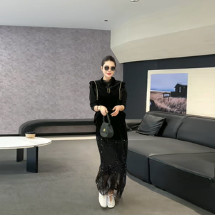 小衫 荷叶肩立领丝绒马甲圆领长袖 胖妹妹气质网纱亮片裙子 女装 大码