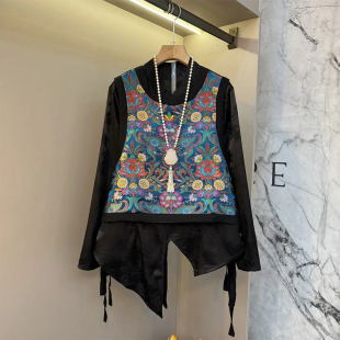 打底衫 圆领侧系带花朵马甲胖妹妹气质小众设计不规则长袖 女装 大码