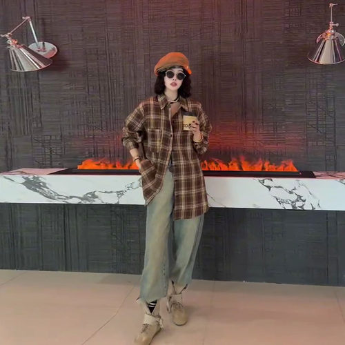 大码女装翻领长袖格子衬衫