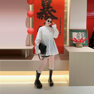 胖妹妹设计感百搭秋冬款 加大码 口衬衫 钉珠亮钻立领微喇袖 上衣 女装