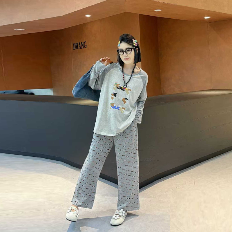 拼色狗狗图案上衣长裤家居两件套