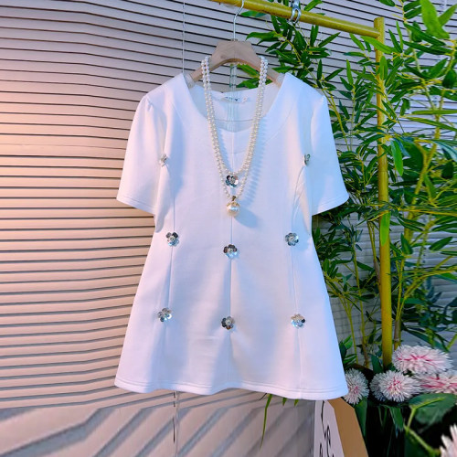 胖妹妹亮片花收腰短袖T恤衫