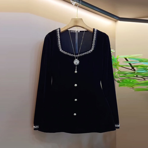 方领钉珠边收腰丝绒小衫上衣