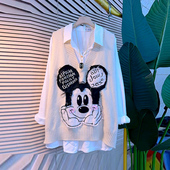 胖妹妹V领卡通图案针织马甲大码 女装 纯色简约翻领长袖 韩版 衬衫 潮