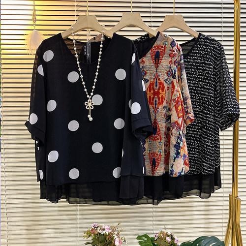 胖妹妹V领假两件雪纺衫