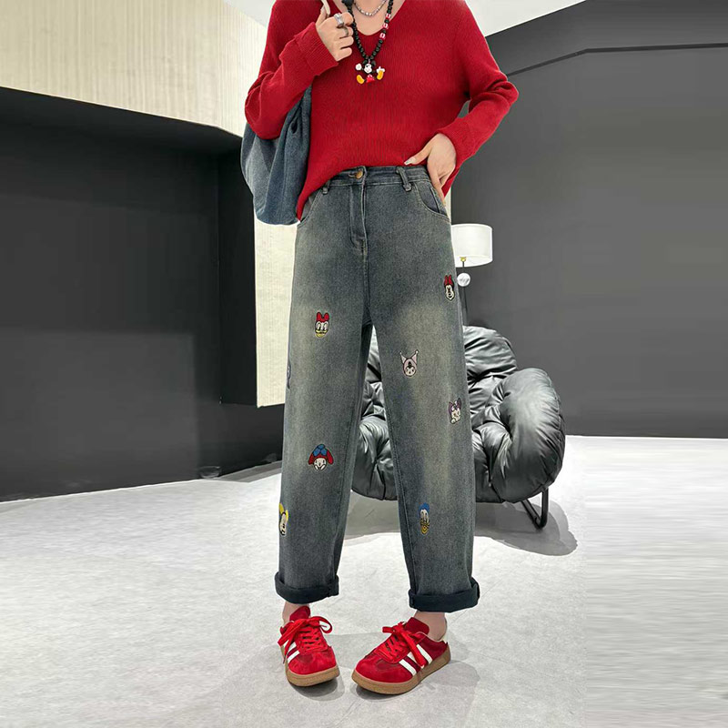 大码女装卡通图案加绒牛仔长裤