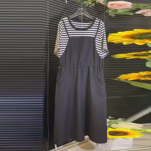 显瘦休闲裙 款 加肥圆领拼色吊带假两件连衣裙胖妹妹中长款 2024夏季