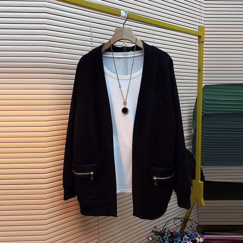 V领双兜拉链长袖开衫外套上衣