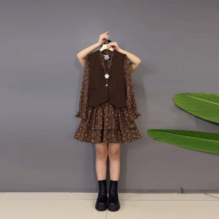 加大码女装V领双兜马甲长袖碎花裙胖妹妹气质轻熟风早秋款两件套