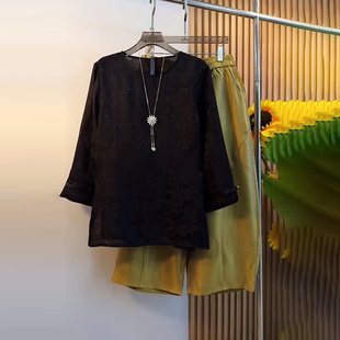 加大码 盘扣袖 口花纹上衣胖妹妹斜压线宽松百搭松紧腰阔腿裤 子 女装