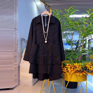 暗花拼接长袖 翻领长袖 上衣韩版 欧洲站2024秋冬款 大码 加肥衬衫 女装