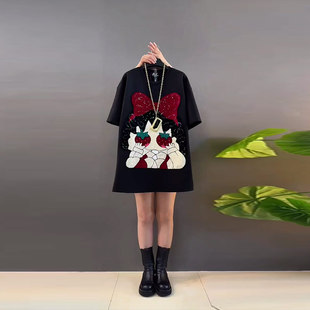 女装 减龄新年款 卡通图案短袖 胖妹妹韩版 百搭学院风上衣 T恤衫 大码