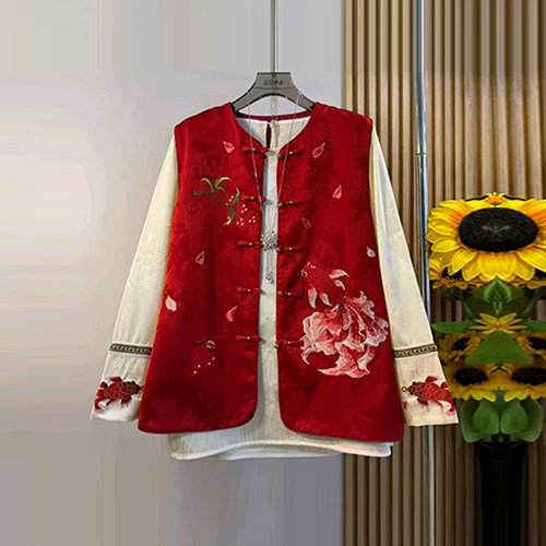 拼色袖口小衫盘扣刺绣花国风马甲