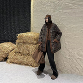 V领竖排扣拼色边棉外套胖妹妹韩版 大码 女装 宽松复古保暖洋气大衣