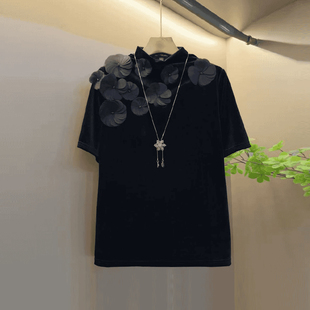 小衫 洋气百搭秋冬款 法式 女装 上衣 小众设计大码 加肥花朵肩立领短袖