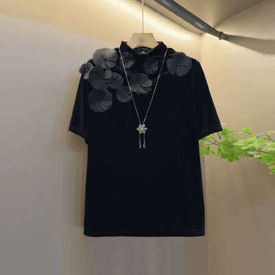 大码花朵肩立领短袖小衫