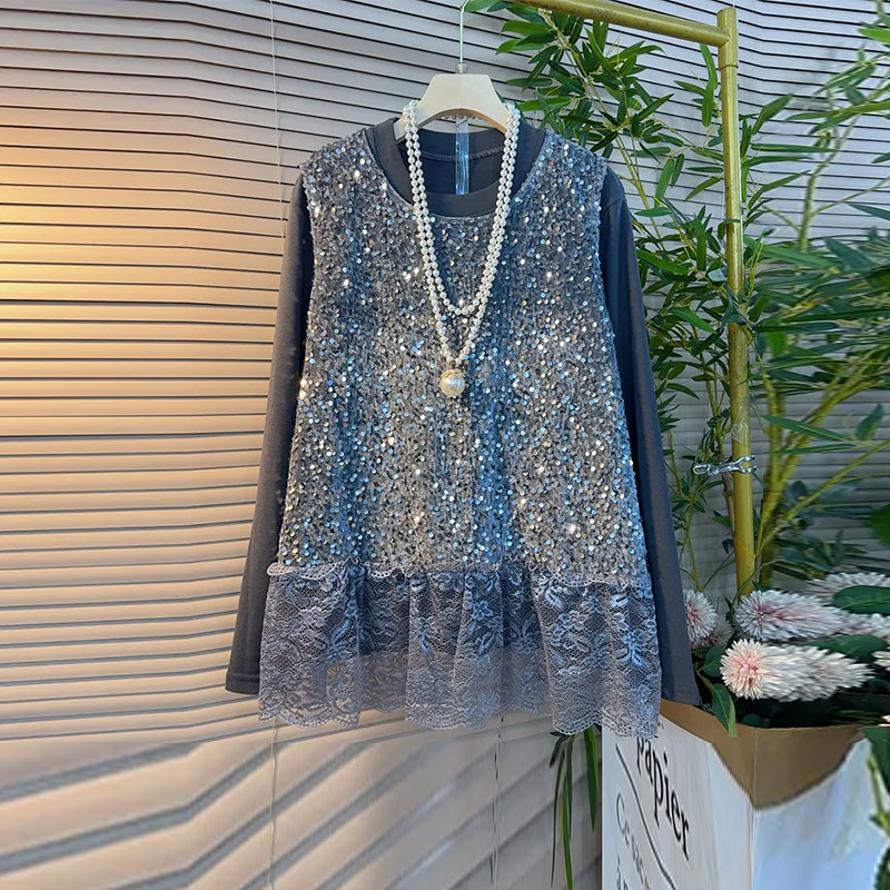 圆领长袖打底衫底摆满身亮片马甲