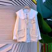 加大码 衬衫 女装 荷叶边兜针织马甲加肥胖妹妹学院风减龄娃娃领长袖