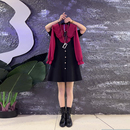 拼色吊带连衣裙胖妹妹通勤风显瘦裙子 翻领荷叶边长袖 加肥大码 女装