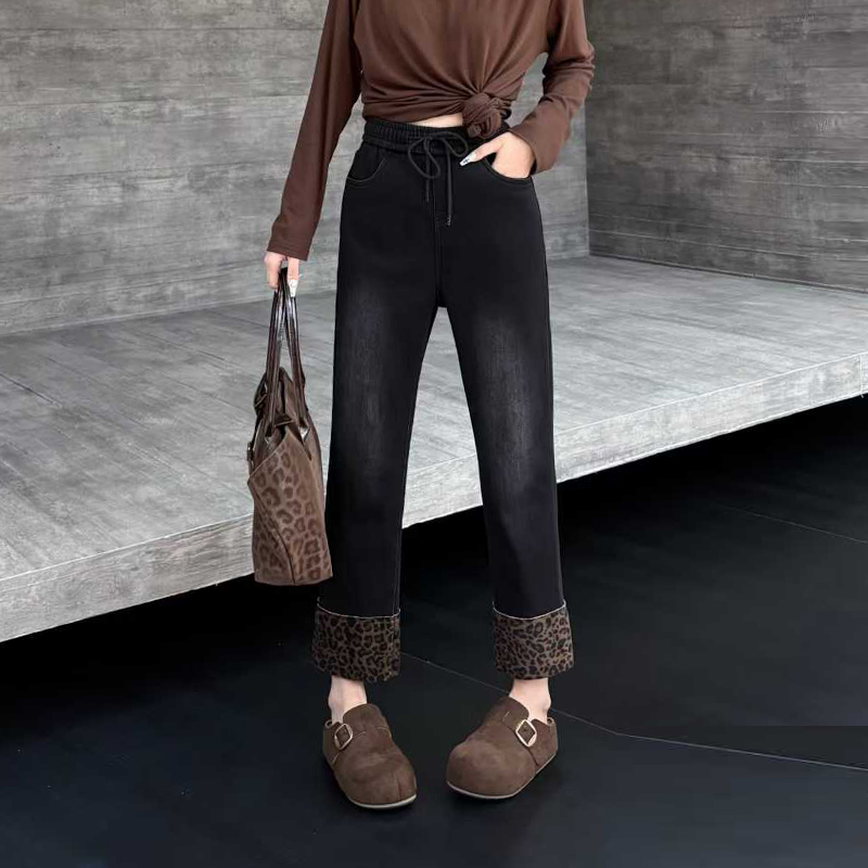 拼接豹纹裤脚九分裤子