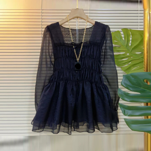 胖妹妹加肥方领欧根纱长袖 小众设计大码 女装 百搭淑女风上衣潮 小衫