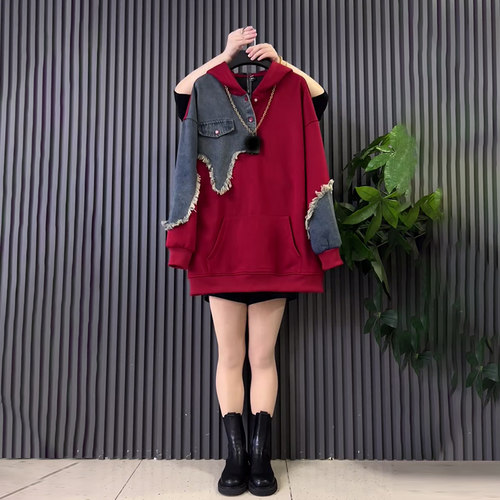 连帽拼接牛仔毛边长袖卫衣