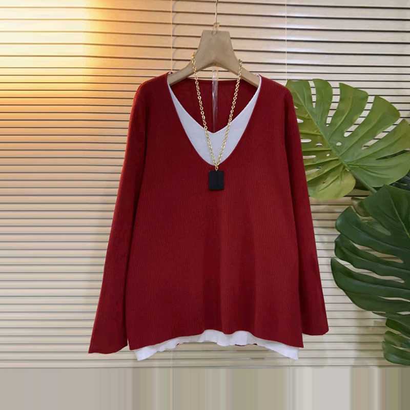 大码女装拼色V领长袖假两件上衣
