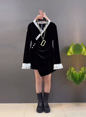 加肥V领拼色蕾丝边斜襟上衣法式气质轻熟风大码女装显瘦黑色小衫