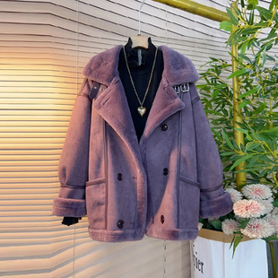 欧洲站皮毛一体上衣潮 女装 加肥胖妹妹翻领长袖 羊羔毛内里外套大码