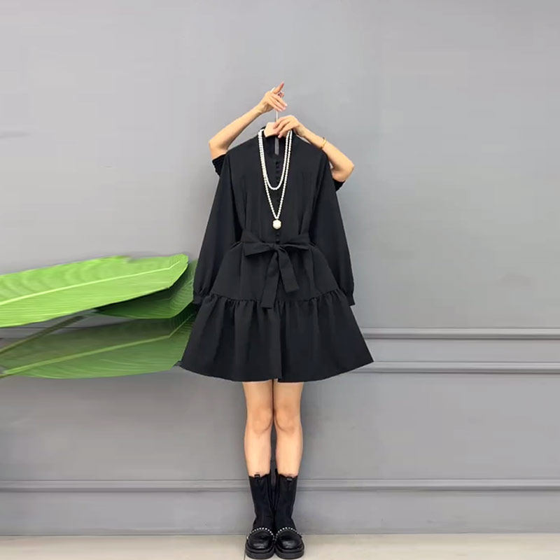 大码女装立领长袖腰带连衣裙