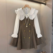 女装 娃娃领荷叶边长袖 衬衫 大码 胖妹妹秋冬款 洋气收腰纽扣马甲裙子