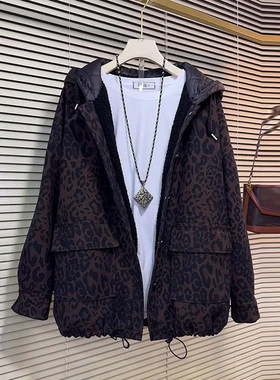 连帽底抽绳豹纹棉服外套上衣