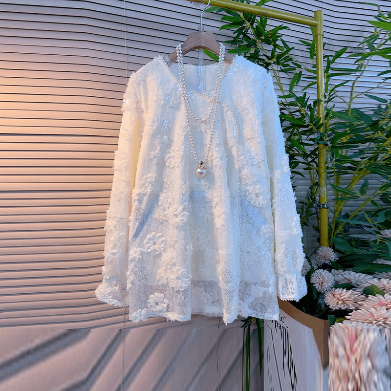 大码女装微喇袖口蕾丝花小衫胖妹妹宽松减龄小众设计百搭韩版上衣,女装/女士精品,大码内搭,淘宝优惠券,粉丝福利购,淘宝优惠卷