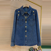 女装 翻领牛仔衬衫 胖妹妹韩版 加肥大码 休闲百搭长袖 洋气显瘦上衣潮