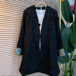 拼色袖 V领盘扣暗花中长款 口外套胖MM复古风黑色显瘦上衣 女装 大码