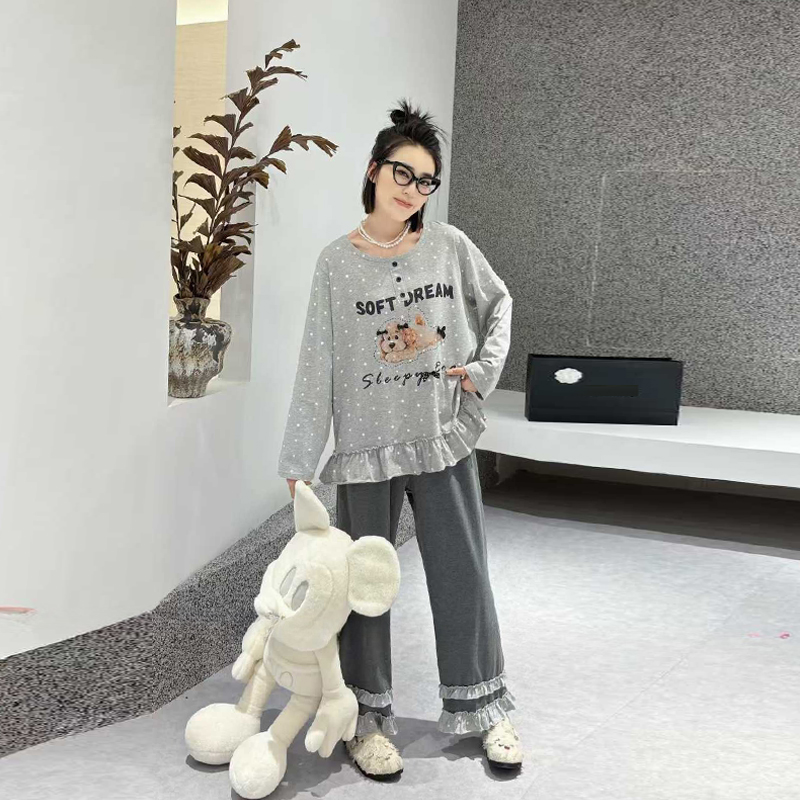 荷叶边底摆上衣长裤家居两件套