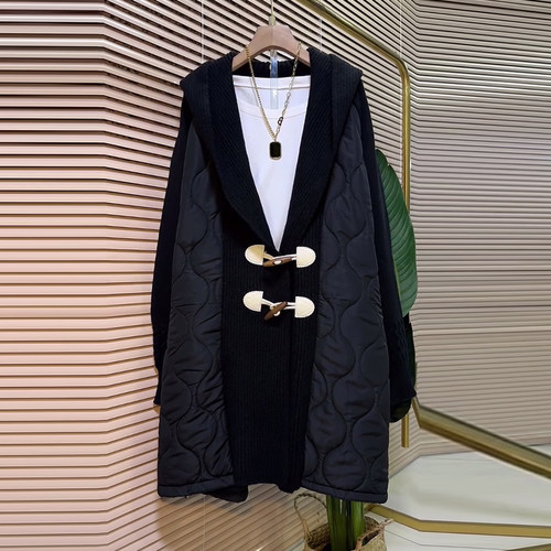 连帽牛角扣中长款棉服大衣上衣