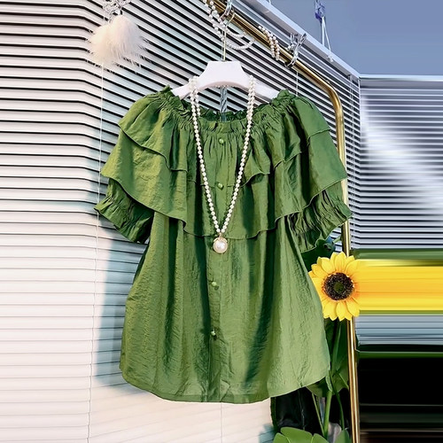 加肥披肩领短袖花朵小衫