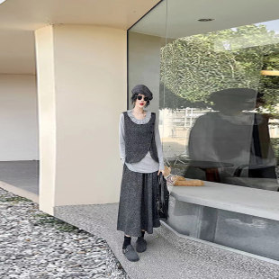 胖妹妹斜襟马甲蕾丝领长袖打底衫半身裙大码女装秋季款显瘦三件套