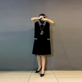 巨显瘦胖MM连衣裙 翻领拼接烫钻长袖 女装 气质轻熟风黑色中长款 大码