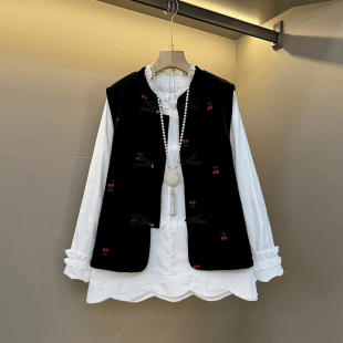 女装 设计感立领开衫 荷叶领长袖 胖妹妹韩版 国风马甲潮 衬衫 加肥大码