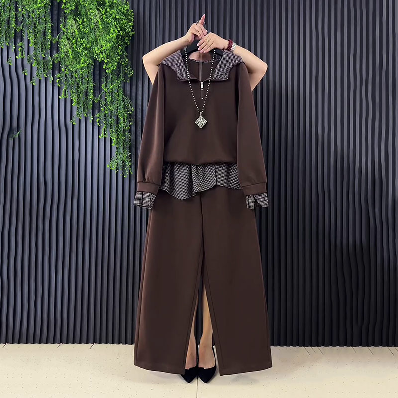 拼色小格子连帽长袖上衣阔腿长裤